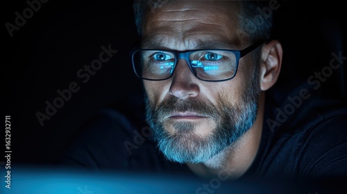 Serious man wearing glasses looking at computer screen.
