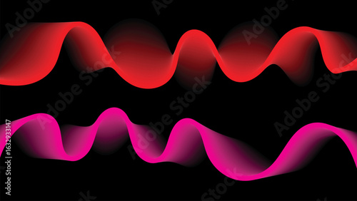 Abstract, flowing, and undulating 3D wave graphics with vibrant red and magenta gradients on a solid black background.