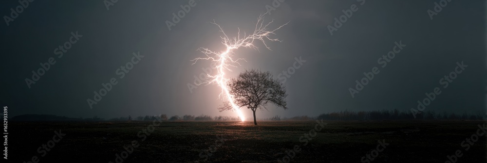 Obraz premium Stormy Night Illuminates Lone Tree With Powerful Lightning Strike in Rural Landscape