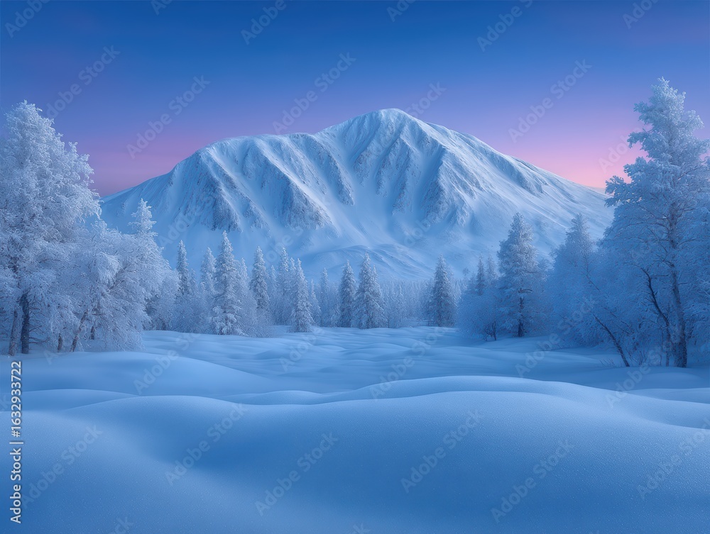 Obraz premium Snowy mountain landscape with frosted trees at dusk.