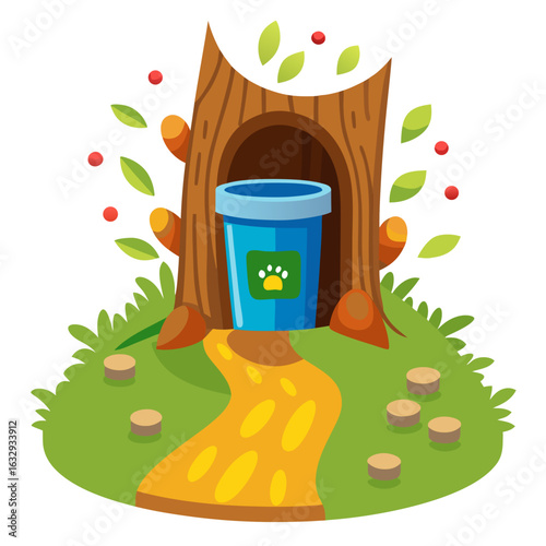 Hidden Geocache Container in Tree Hollow with Footprints Vector Illustration