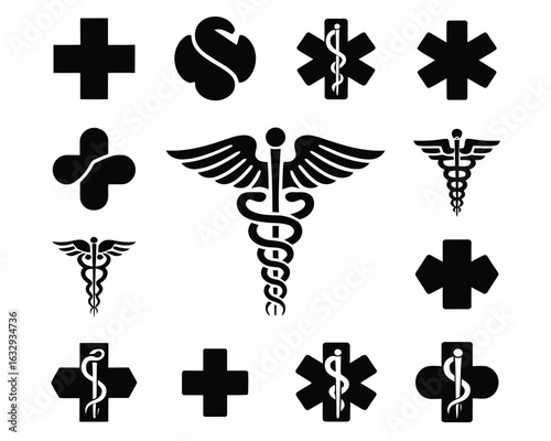A clean vector style graphic design showing a set of medical and healthcare symbols. Includes the caduceus, rod of asclepius, and star of life icons.