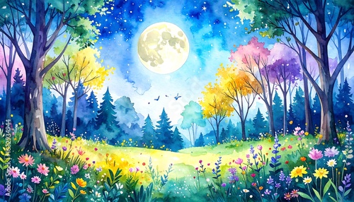 Colorful forest at night with full moon