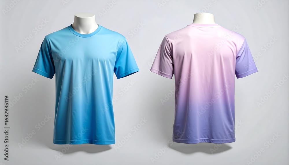 Front and back views of athletic t-shirts with vibrant blue and purple gradient designs Front and back views of athletic t-shirts with vibrant blue and purple gradient designs
