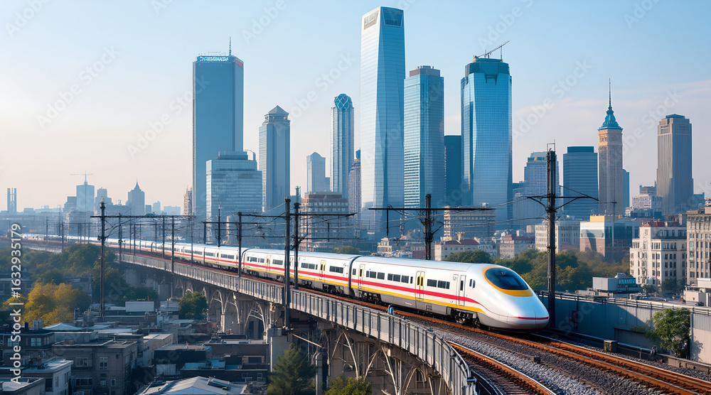 Fototapeta premium Modern high speed train traveling on elevated tracks with a sprawling city skyline in the background