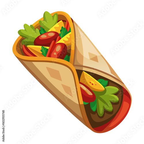 Overhead View of Wrapped Fajita Burrito with Grilled Meat and Cheese Vector
