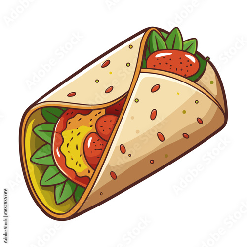 Overhead View of Wrapped Fajita Burrito with Grilled Meat and Cheese Vector