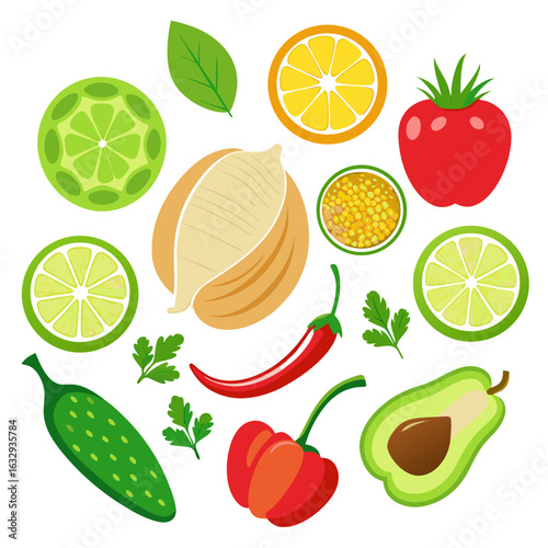 Fresh Fajita Ingredients with Bell Peppers, Onions, and Lime Vector Set