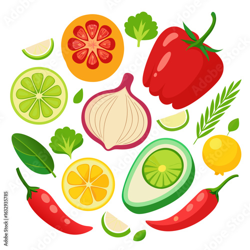 Fresh Fajita Ingredients with Bell Peppers, Onions, and Lime Vector Set