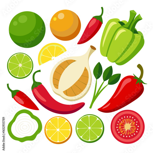 Fresh Fajita Ingredients with Bell Peppers, Onions, and Lime Vector Set