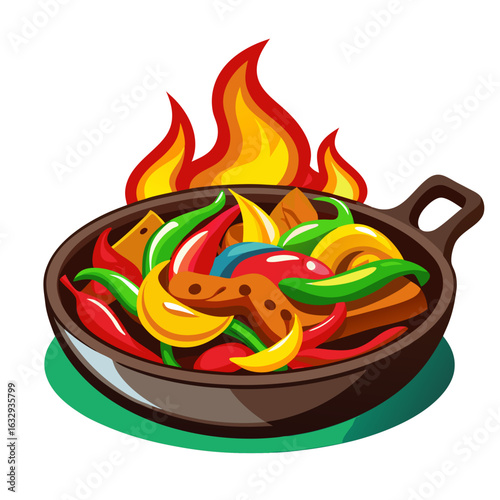Sizzling Fajita Skillet with Grilled Meat and Vegetables Vector Illustration