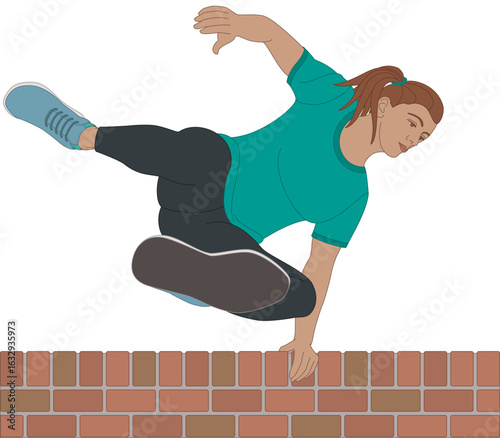 parkour, female athlete jumping over a high wall performing a wall roll, isolated on a white background