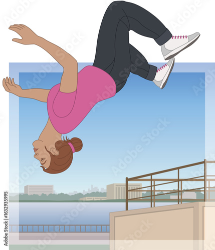 parkour, female athlete in mid-air performing a back flip from a wall with an urban outdoor setting in the background