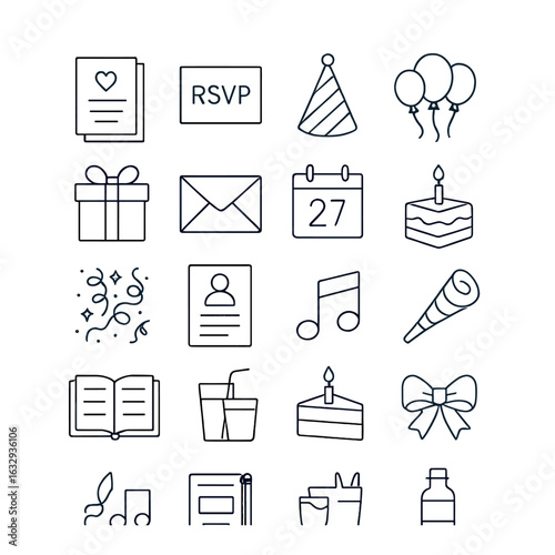 Birthday celebration icons: party hat, cake, balloons, rsvp card, gift box, and more on yellow background