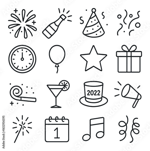New year celebration icons: fireworks, party hat, clock, gift, champagne, festive symbols