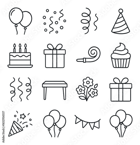 Party celebration icons set with balloons, gifts, and cake