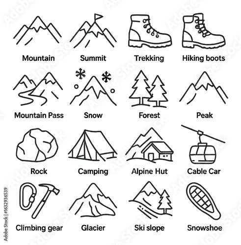 Adventure icons: mountains, trekking, snow, camping, skiing activities