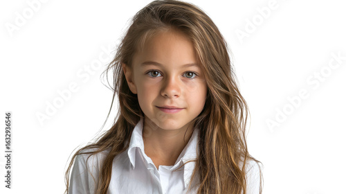 Girl's Gentle Gaze: A portrait captures a young girl with long, flowing hair and a soft smile, her eyes holding a depth of kindness, in a moment of serene reflection.