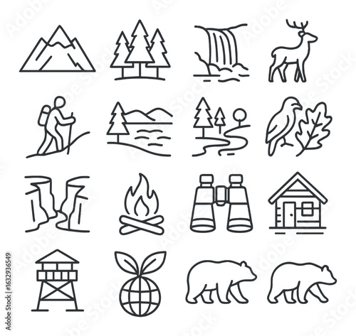 Minimalist outdoor adventure icons featuring nature and wildlife elements