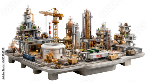Miniature industrial landscape: A detailed miniature model showcases an industrial landscape, featuring an array of buildings, machinery, and infrastructure. A meticulous.