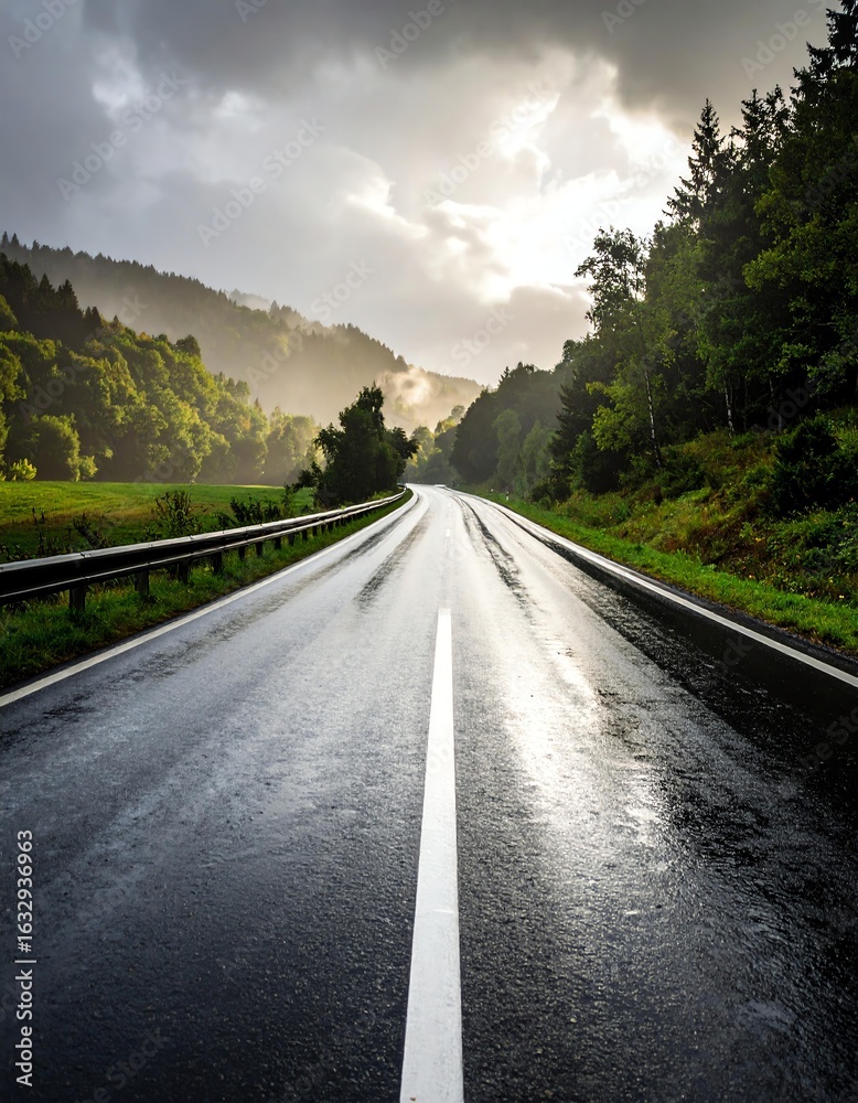 Fototapeta premium A tranquil road amidst lush green landscapes under a cloudy sky, ideal for travel and adventure imagery.