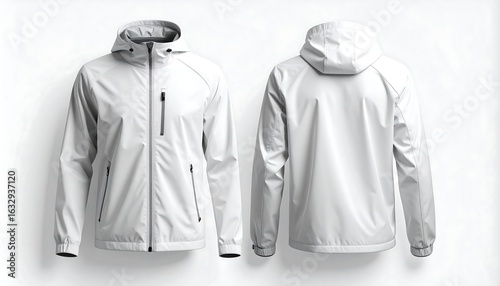 White hooded windbreaker jacket mockup, front and back view. 