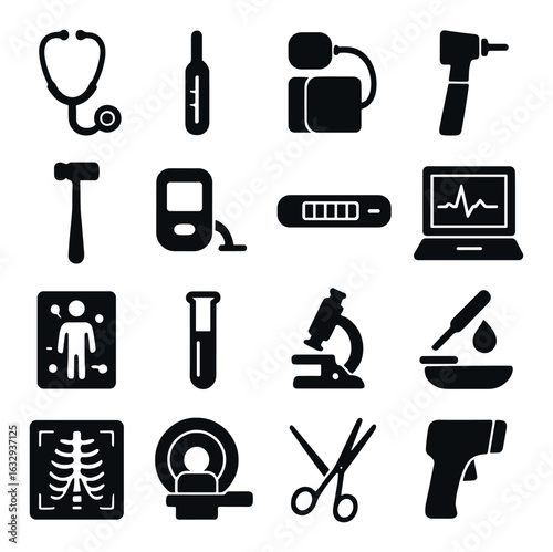 Collection of medical equipment icons for health care applications