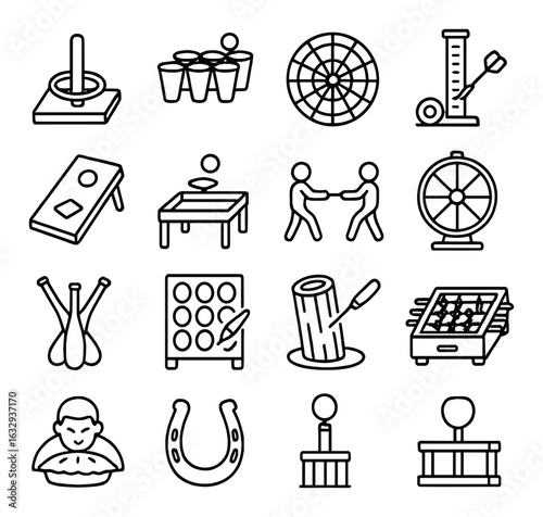 Collection of outline style icons representing various indoor and outdoor games and activities