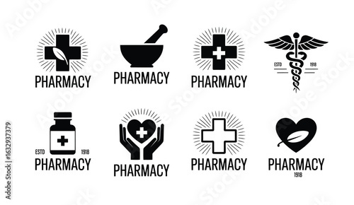 Set of eight minimalist pharmacy logo templates. Collection of medical and healthcare icons. Vector graphic elements.