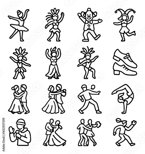 Stylized dance icons: ballet, clown, jester, and couples in motion