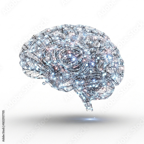 Human cerebrum illustration with intricate network of connections and glowing nodes on clean setting