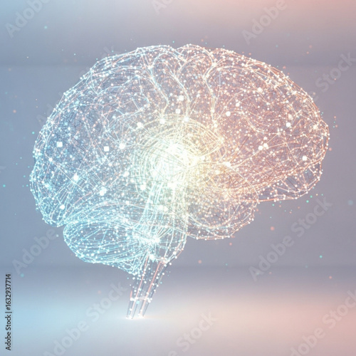 Illustrated cerebral organ with interconnected nodes and network connections on a gradient scene design