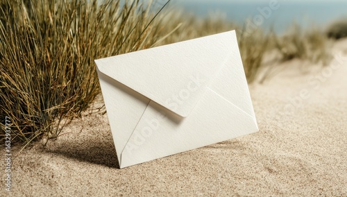 A blank white envelope rests on a sandy beach, with tall grasses in the foreground.  Ocean in the background