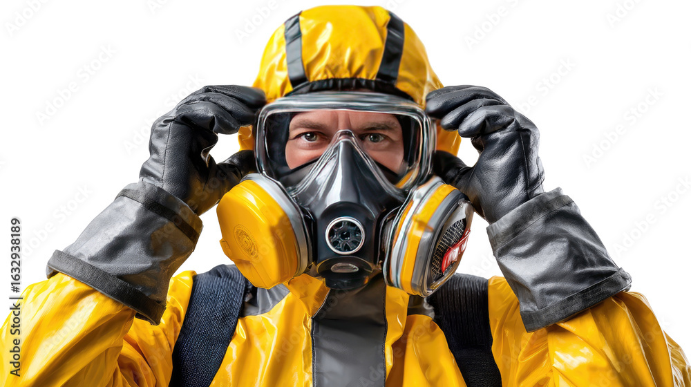Naklejka premium Hazmat Suit Preparations: A determined individual, shielded by a vibrant yellow hazmat suit and mask, prepares for potential dangers, portraying focus and safety.