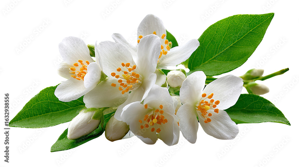 Obraz premium Jasmine Flowers' Freshness: An exquisite arrangement of delicate, pristine white jasmine blooms, complemented by vibrant green leaves, embodies the very essence of purity and elegance.