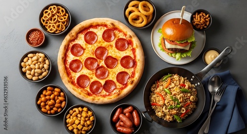 Delicious Assortment of Food: Pizza, Burger, Fried Rice, and Snacks on Gray Surface