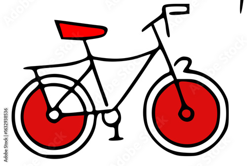 Simple black outline drawing of a bicycle with red wheels and seat.