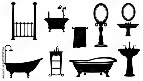 Collection of bathroom fixtures including bathtubs sinks mirrors and towel rack in black silhouette style