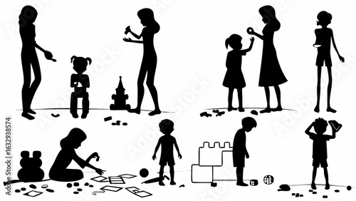 Silhouette illustration showing children and adults playing with toys and building sandcastles together happily