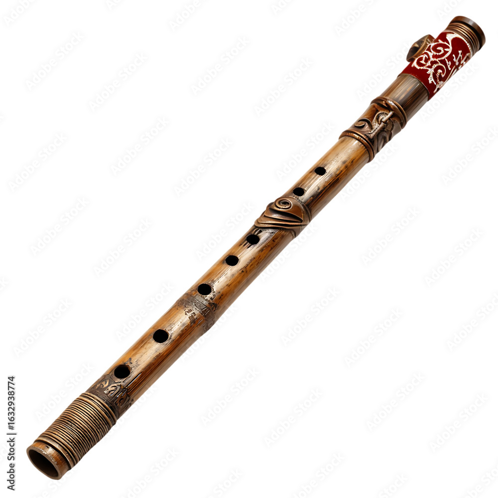 Fototapeta premium Intricately carved bamboo flute with red velvet accent a musical instrument