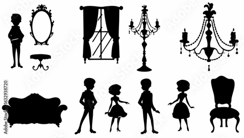 Silhouette illustration featuring furniture, chandeliers, and figures in a vintage style design art