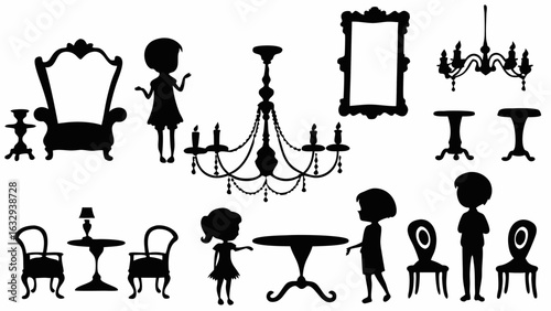 Silhouette of a room interior with furniture including chairs tables chandeliers and figures of people present