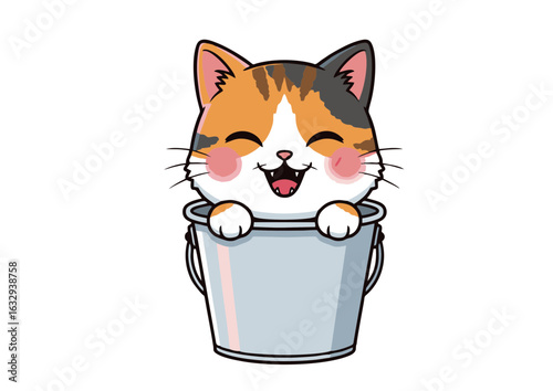 Adorable happy calico kitten peeking out from a metal bucket with a joyful expression. Cute cartoon feline character isolated on white.