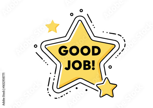 Good Job typography inside a yellow star. An award sticker icon for recognition, achievement, and positive feedback. Vector graphic design element.