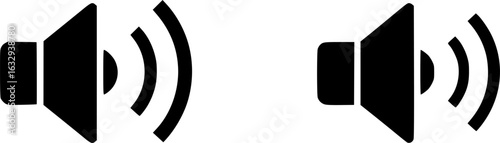 Speaker with Sound Waves Icon Pair, Two black-and-white speaker icons with varying sound wave designs, ideal for audio, volume control, and multimedia applications 