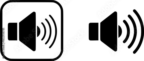 Speaker with Sound Waves Icon Pair, Two black-and-white speaker icons with varying sound wave designs, ideal for audio, volume control, and multimedia applications 