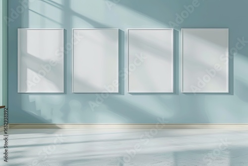 Calm Gallery Ambiance with Wide Empty Blank Frames Set Against a Soft Blue Wall