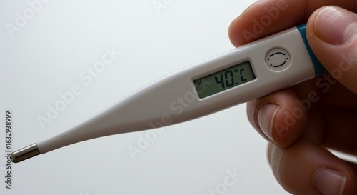 A hand holding a digital thermometer displaying a high temperature reading.