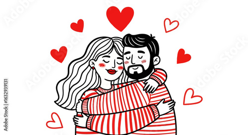 Vector art of loving couple embracing with hearts surrounding them, isolated on white background