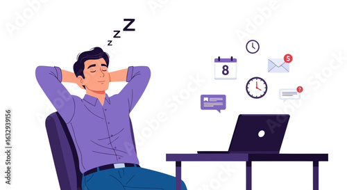 Vector art of man sleeping at his desk with a laptop, isolated on white background, representing burnout and the need for rest during the workday